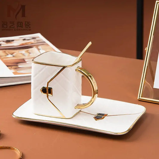 Geometric Gold Accent Coffee Cup with Matching Tray