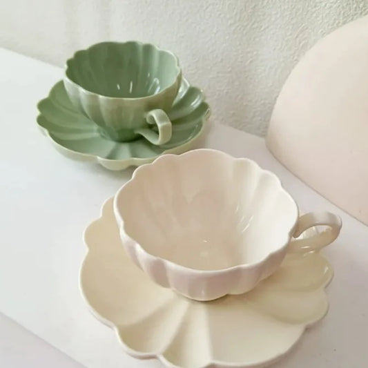 Aesthetic Lotus Petal Tea Cup with Saucer – Milky White or Green