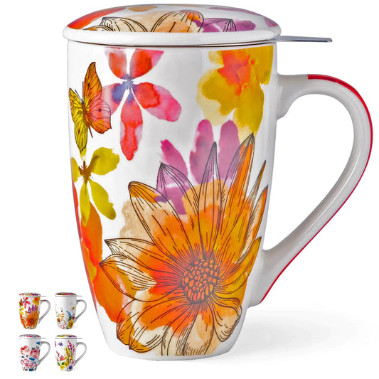 Sunlit Garden Infuser Mug with Lid – 18oz Ceramic Tea Cup