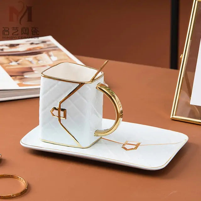 Geometric Gold Accent Coffee Cup with Matching Tray