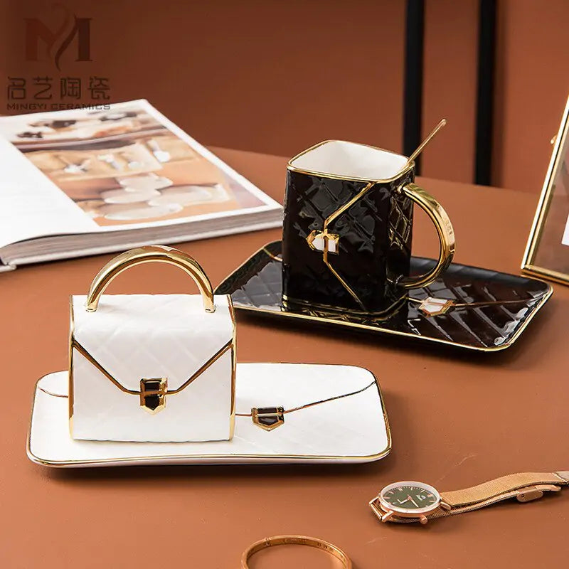 Geometric Gold Accent Coffee Cup with Matching Tray