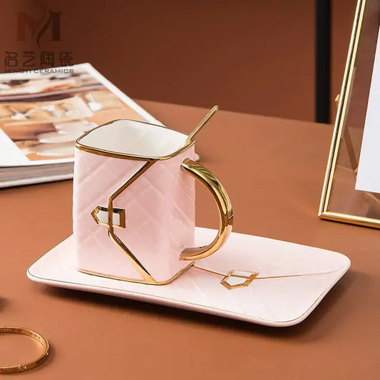 Geometric Gold Accent Coffee Cup with Matching Tray