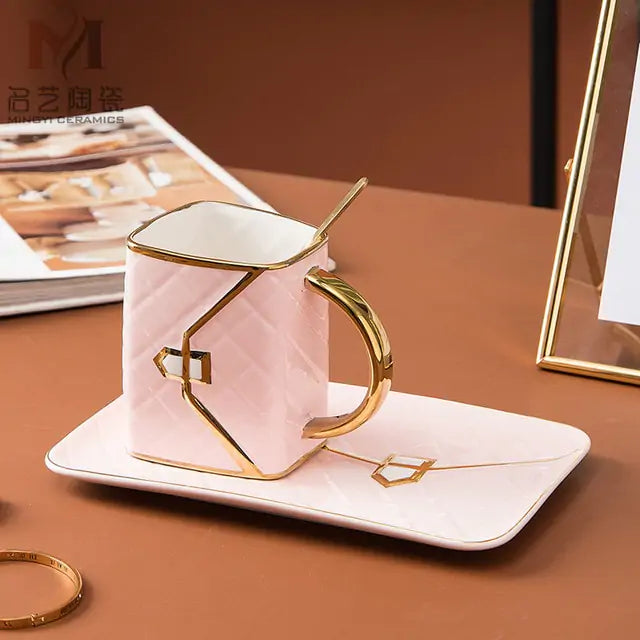 Geometric Gold Accent Coffee Cup with Matching Tray