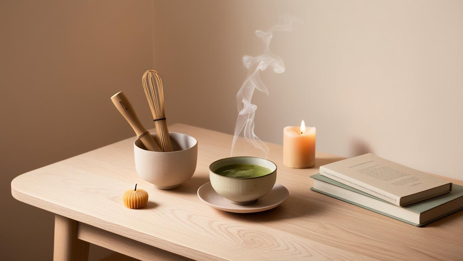 Aesthetic tea accessories with matcha bowl, whisk, candle, and meditation book