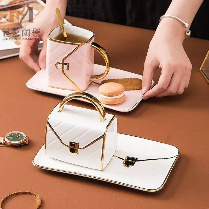 Geometric Gold Accent Coffee Cup with Matching Tray