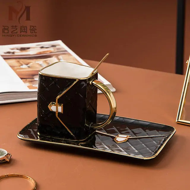 Geometric Gold Accent Coffee Cup with Matching Tray