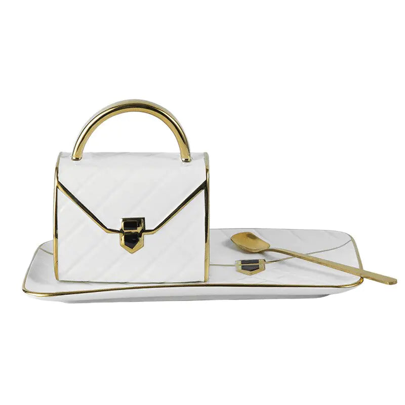 Geometric Gold Accent Coffee Cup with Matching Tray