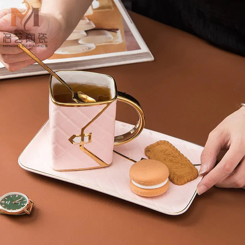 Geometric Gold Accent Coffee Cup with Matching Tray
